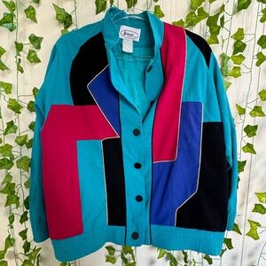 Vintage 80s Multi Colorblock Turquoise Jacket